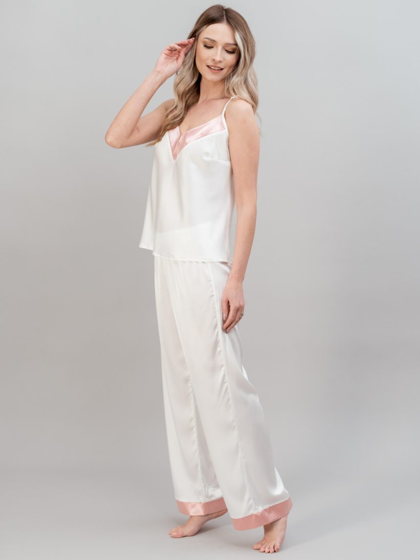 PIJAMA PIESE SATIN ALB ROZ MIREASA ROSE