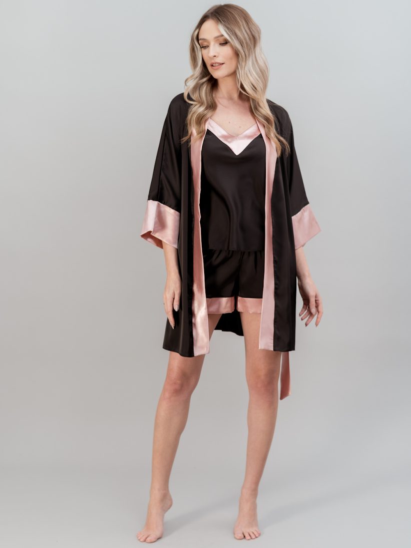 PIJAMA PIESE SATIN NEGRU ROZ MIREASA NORA
