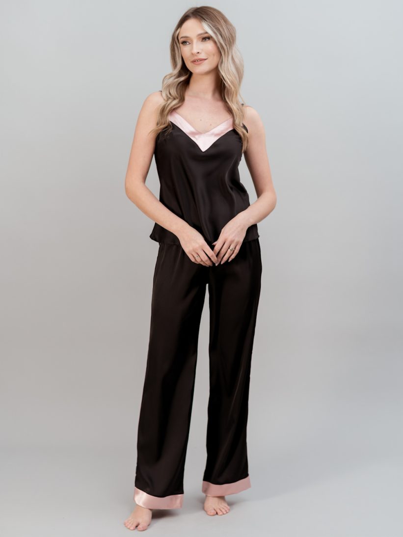 PIJAMA PIESE SATIN NEGRU ROZ MIREASA NORA
