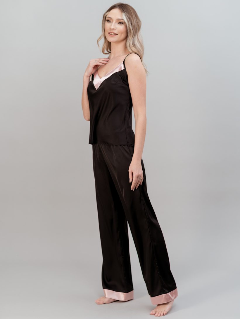 PIJAMA PIESE SATIN NEGRU ROZ MIREASA NORA