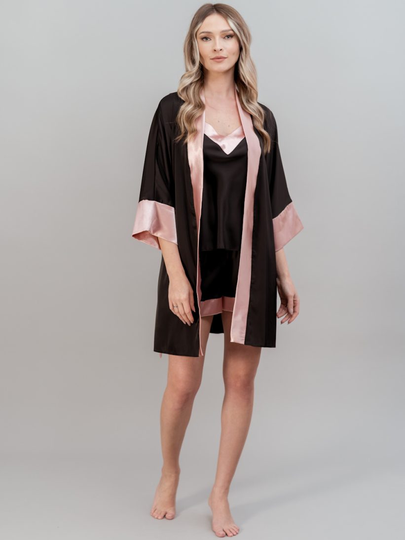 PIJAMA PIESE SATIN NEGRU ROZ MIREASA NORA